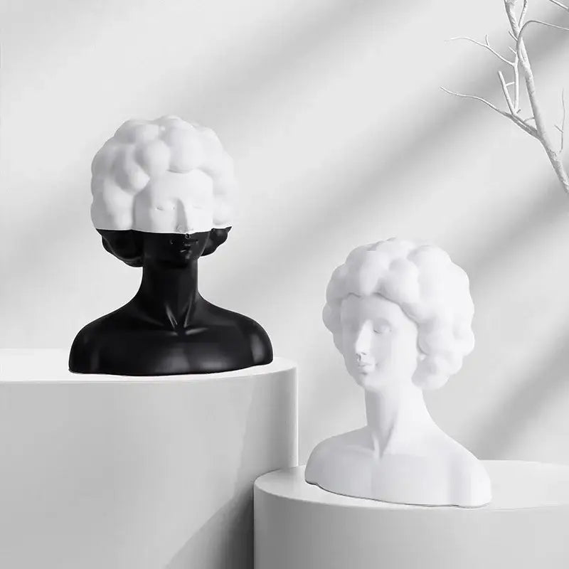 Black and white ceramic abstract portrait resin figure bust sculptures with curly hair for modern living room decorbites decor