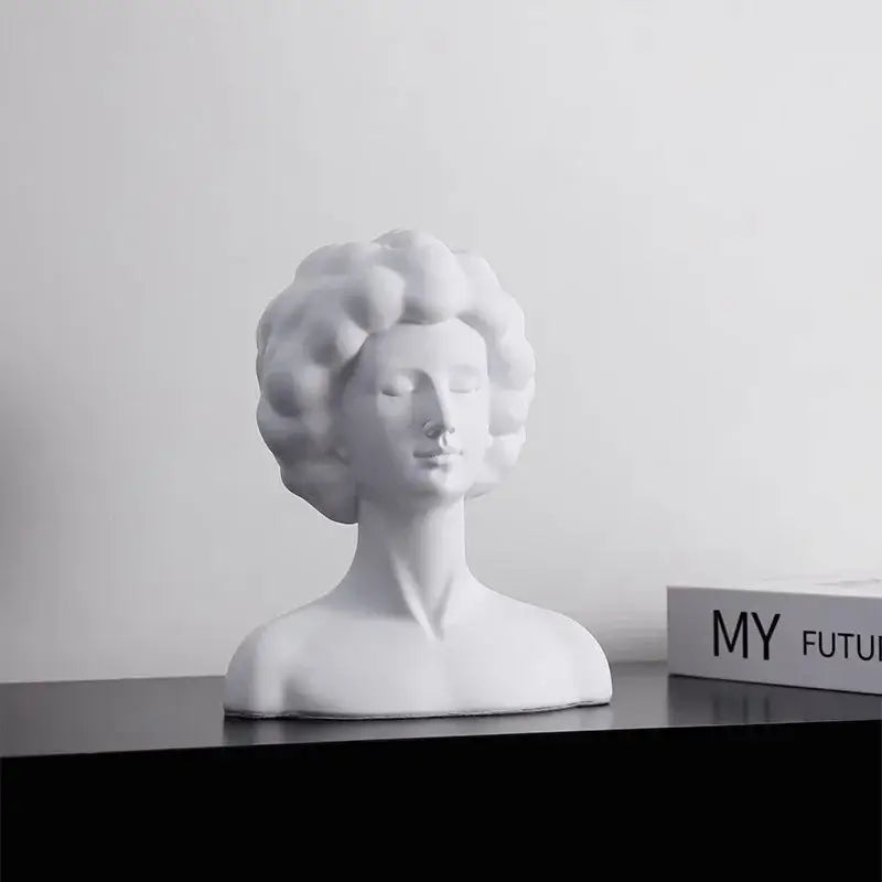 White ceramic abstract portrait resin figure with stylized curly hair for black and white living room decorbites decor