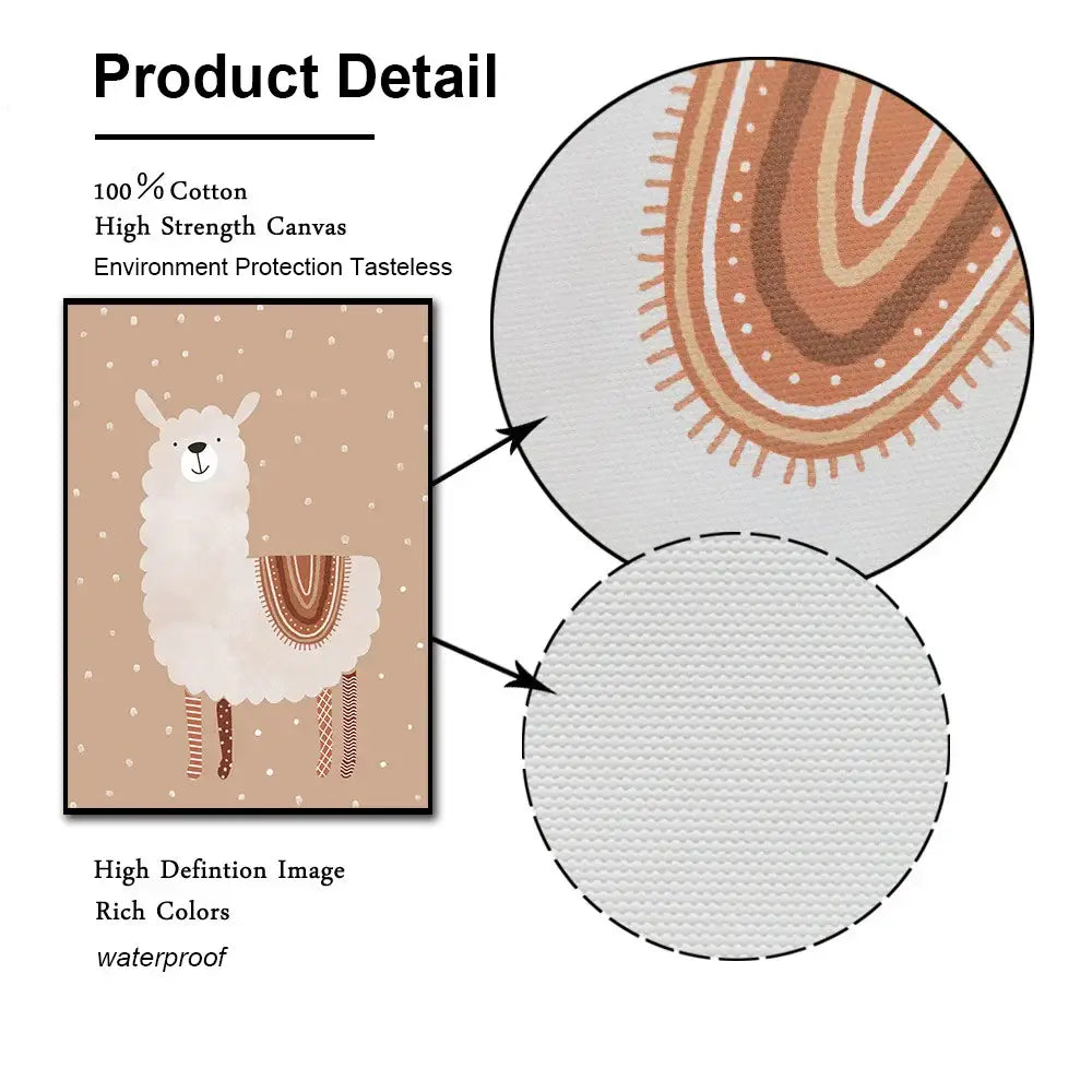 Beige cotton canvas wall art featuring a white alpaca with brown and orange details for abstract programmer gamer decor