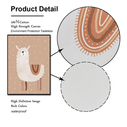 Beige cotton canvas wall art featuring a white alpaca with brown and orange details for abstract programmer gamer decor