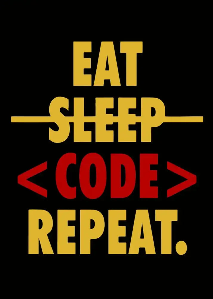 Black notebook cover with bold yellow and red eat sleep repeat text from decorbites abstract programmer gamer wall art