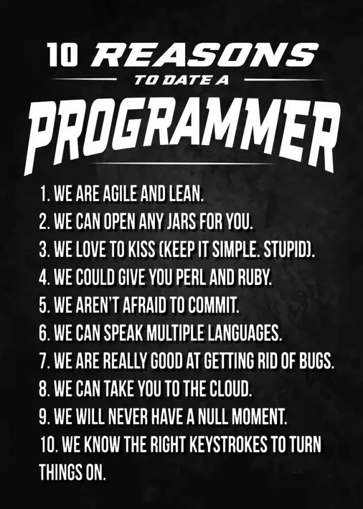 Decorbites™ abstract programmer gamer canvas wall art featuring a black poster with bold white text listing 10 reasons to date a programmer