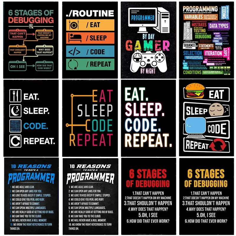 Black DecorBites™ abstract programmer gamer canvas wall art featuring colorful text and graphics on developer life
