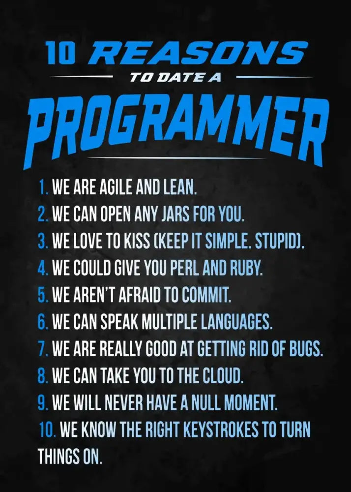 Decorbites™ abstract programmer gamer canvas wall art with blue text on dark background listing 10 reasons to date a programmer
