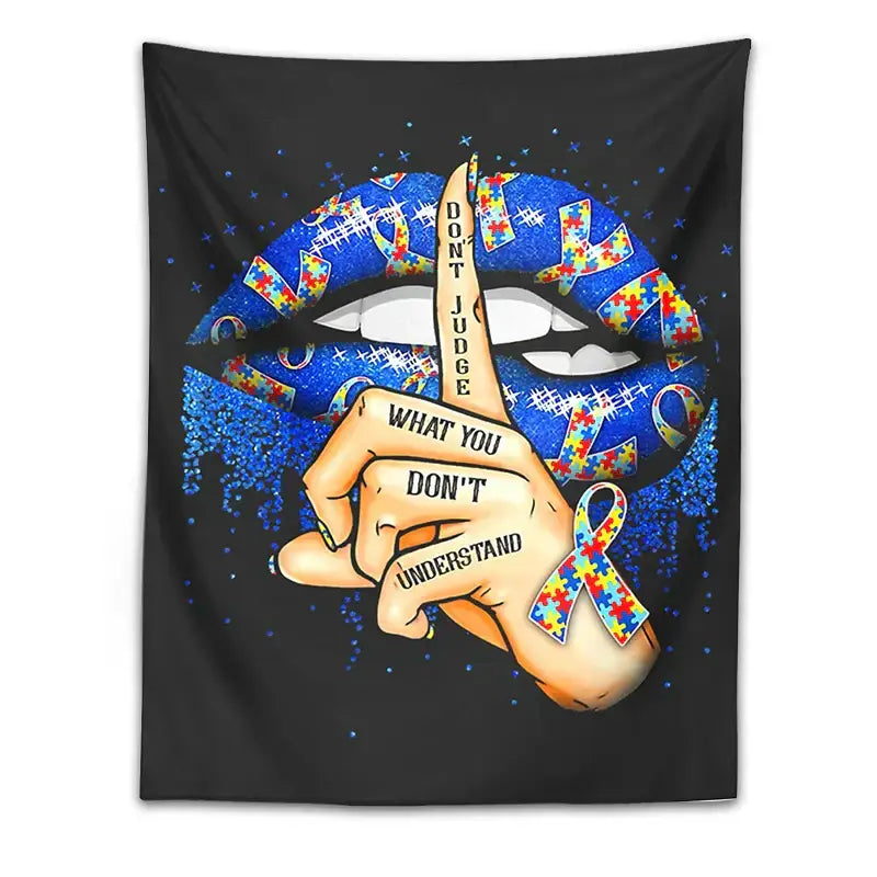 Black tapestry with vibrant blue glittery lip and colorful autism puzzle pieces featuring shh hand gesture decorbites abstract psychedelic tapestry wall hanging