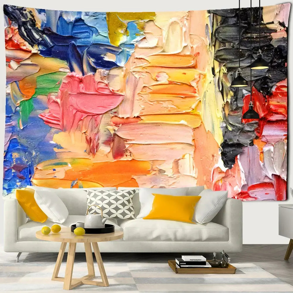 Vibrant abstract purple and blue iris mandala 3d tapestry hanging above white sofa for decorbites boheme decor