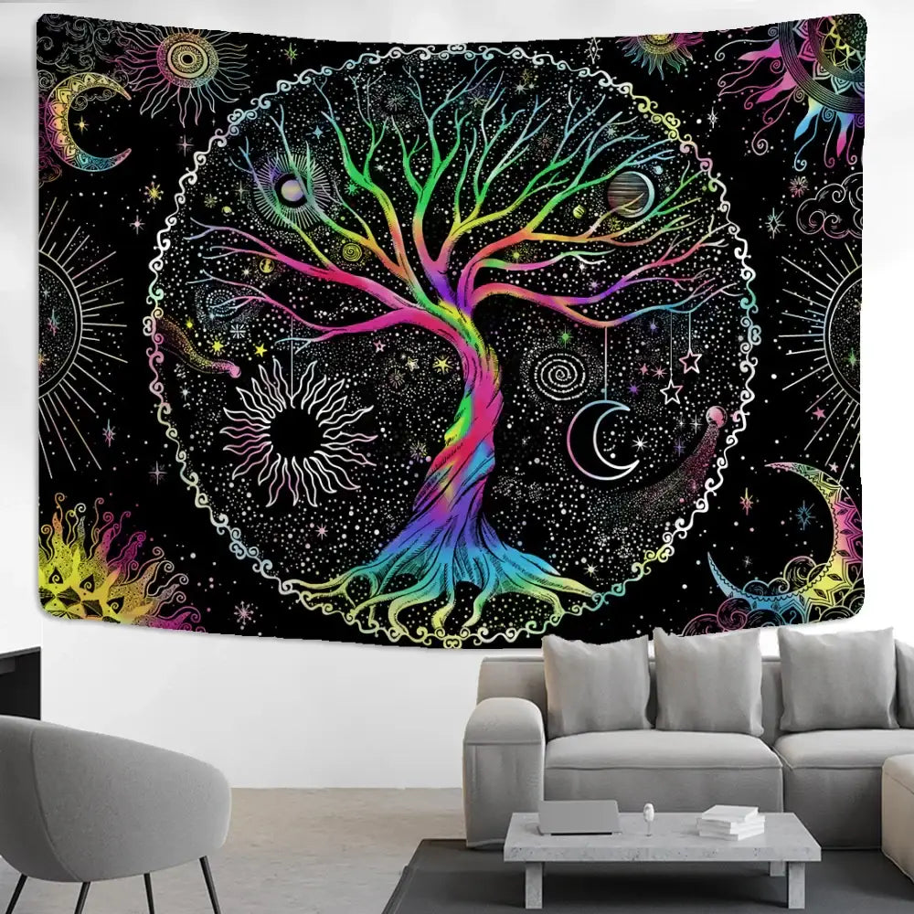Abstract tree of life tapestry wall hanging featuring vibrant rainbow colors and celestial motifs on black background