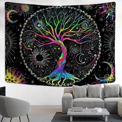 Abstract tree of life tapestry wall hanging featuring vibrant rainbow colors and celestial motifs on black background