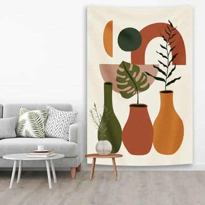 Beige tapestry yoga mat with abstract geometric shapes and stylized plant vases in earthy orange green and terracotta tones
