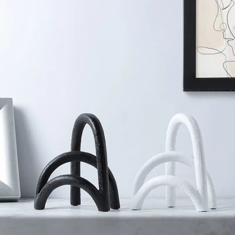 Black and white abstract resin geometry arch bookends with a textured matte finish for living room decorbites decor