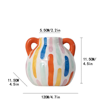 Colorful decorbites cartoon ceramic vase teapot with vibrant vertical stripes and orange handles for living room decor