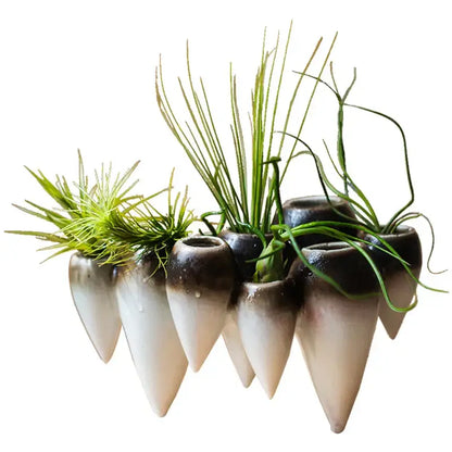 Set of six ceramic abstract tooth hanging vase air plant holders with white to dark brown gradient decorbites abstract tooth