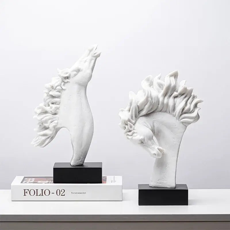 Two white ceramic horse head statues with flowing manes on black bases decorbites horse head resin figurine decor