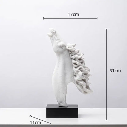 A sleek white resin horse head statue with flowing mane on black base for living room decorbites horse head decor
