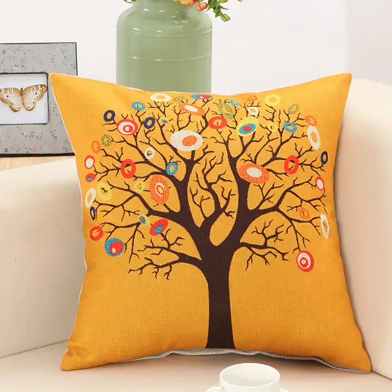 Vibrant orange pillow cover with decorbites abstract tree flower embroidered in colorful circular leaves for living room decor