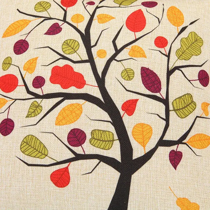 Beige linen pillow cover with decorbites abstract tree flower embroidery featuring colorful autumn leaves
