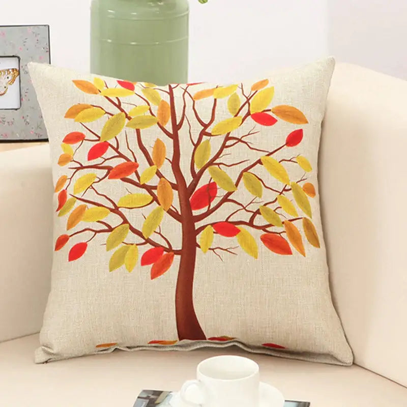 Beige linen pillow cover with decorbites abstract tree flower embroidery in vibrant autumn colors for living room decor