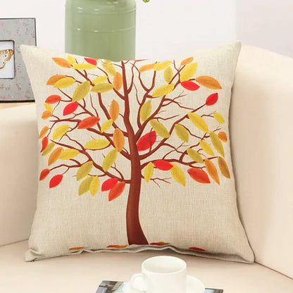 Beige linen pillow cover with decorbites abstract tree flower embroidery in vibrant autumn colors for living room decor
