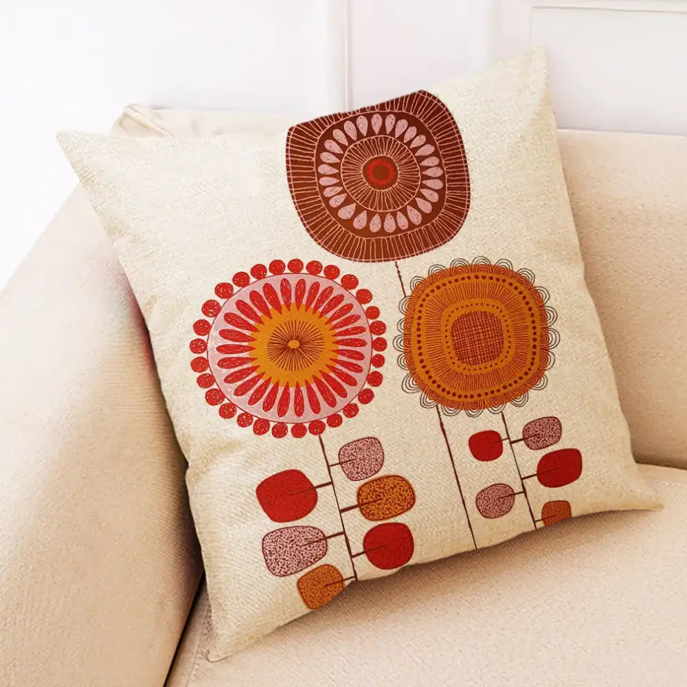 Beige linen pillow cover with abstract tree flower retro floral pattern in red orange and brown by decorbites