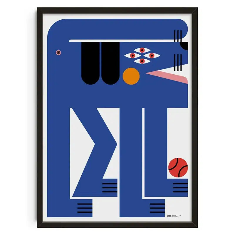 Decorbites™ abstract vintage canvas print wall art featuring blue retro abstract geometric shapes and stylized eyes in a black frame