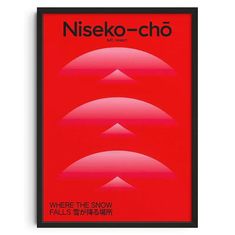 Framed DecorBites™ canvas print wall art with bold black text and retro abstract pink mountain silhouettes on red background
