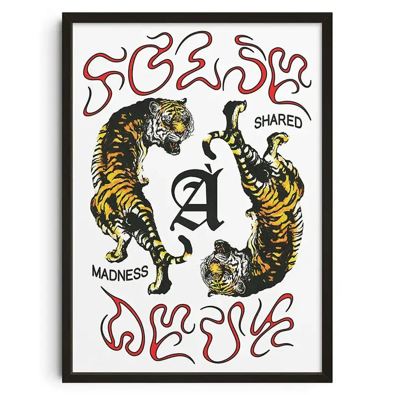A framed DecorBites™ canvas print wall art featuring two stylized tigers with bold orange and black stripes on white background