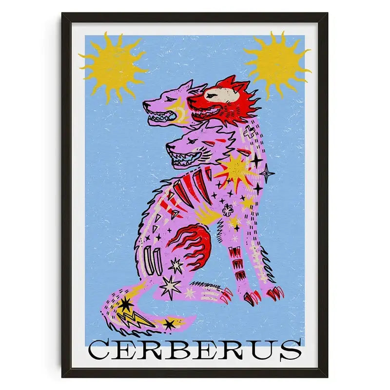 DecorBites™ abstract vintage canvas print wall art featuring a vibrant pink and red cerberus design on light blue background