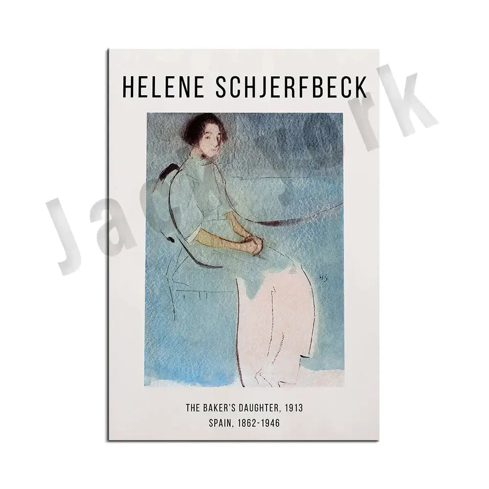 A framed art print of helene schjerfbeck’s the bakers daughter 1913 in soft blue and pink for abstract vintage exhibition decorbites