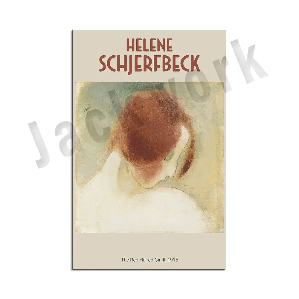 Beige-framed art print of helene schjerfbeck 1915 painting the red haired girl ii in decorbites abstract vintage exhibition poster set