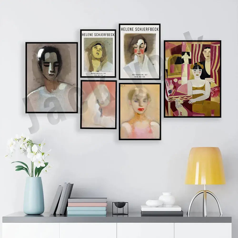 Set of five black framed art prints featuring stylized helene schjerfbeck portraits for abstract vintage exhibition decorbites