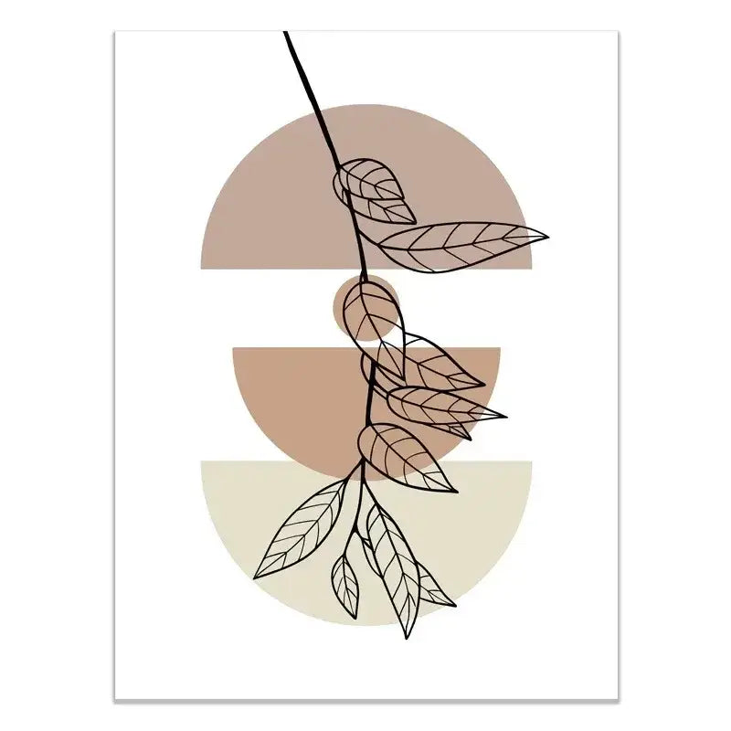 Minimalist botanical art print featuring abstract green plants with outlined leaves on layered beige and taupe backgrounds