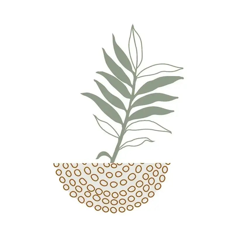 A minimalist illustration of abstract green plants in a dotted half-moon bowl from decorbites™ wall art trio