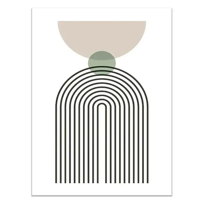 Decorbites™ abstract green plants wall art trio featuring minimalist beige semicircle olive green circle and black lines on paper