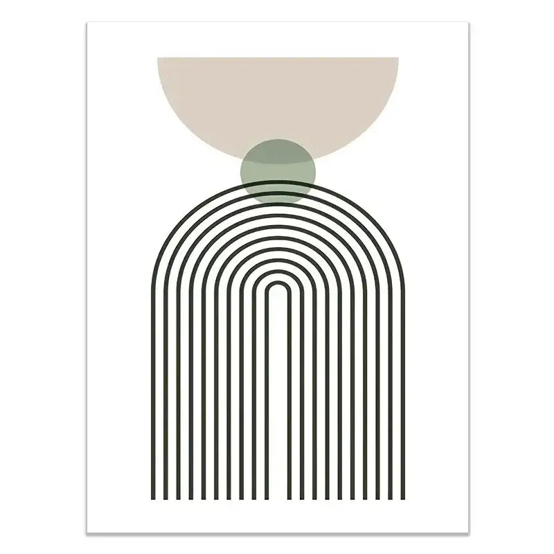 Decorbites™ abstract green plants wall art trio featuring minimalist beige semicircle olive green circle and black lines on paper