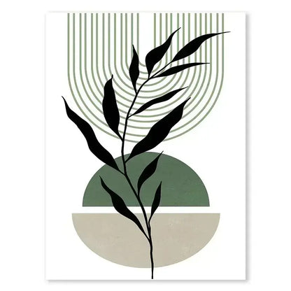 Decorbites™ abstract green plants wall art trio featuring minimalist black leaf silhouettes with muted sage and beige shapes