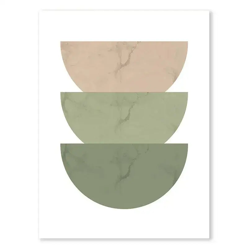 DecorBites™ abstract green plants wall art trio with minimalist half-circle shapes in beige and green marble textures
