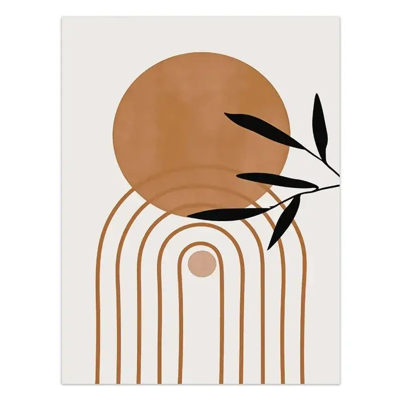 Decorbites™ abstract green plants wall art trio featuring minimalist terracotta sun and black silhouetted leaves