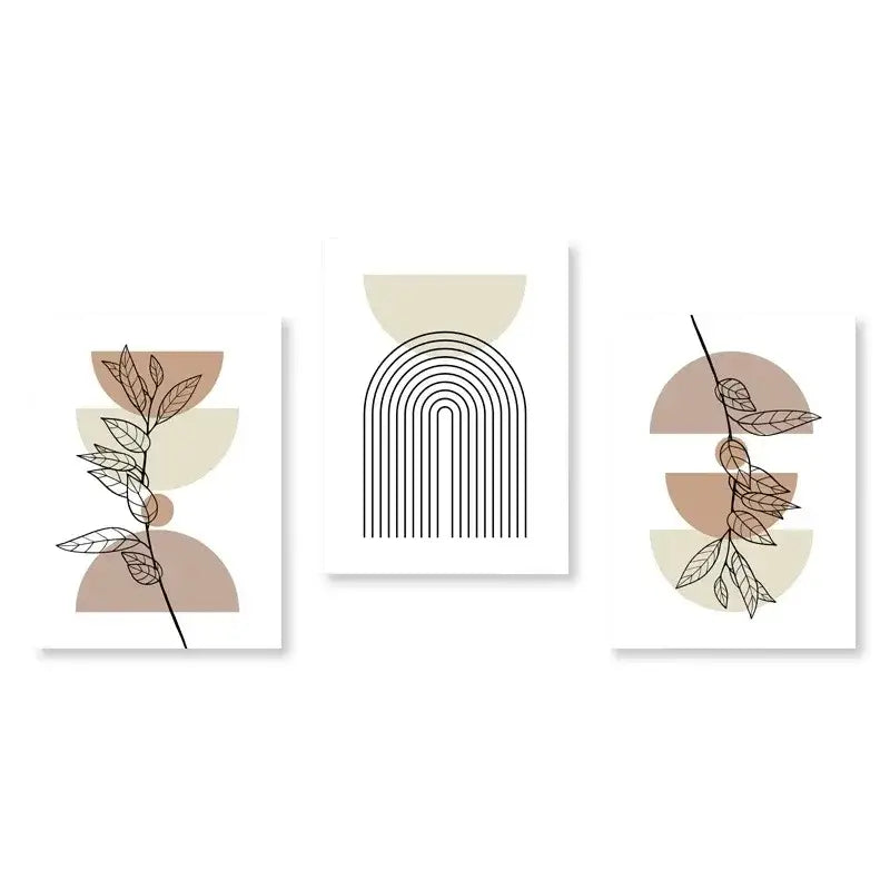Set of three decorbites™ abstract green plants wall art prints with botanical line drawings in beige and taupe tones on white paper