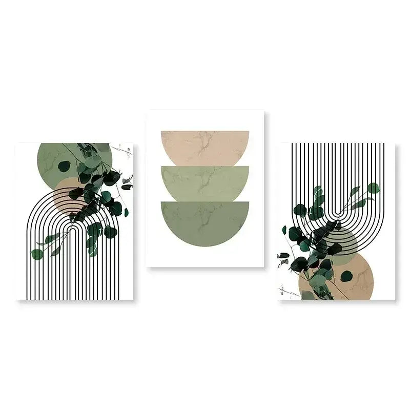 Set of three minimalist abstract green plants art prints featuring eucalyptus leaves and geometric shapes by DecorBites™