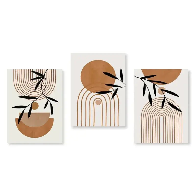 Set of three decorbites™ abstract green plants wall art prints with geometric arches and black leaves in terracotta tones