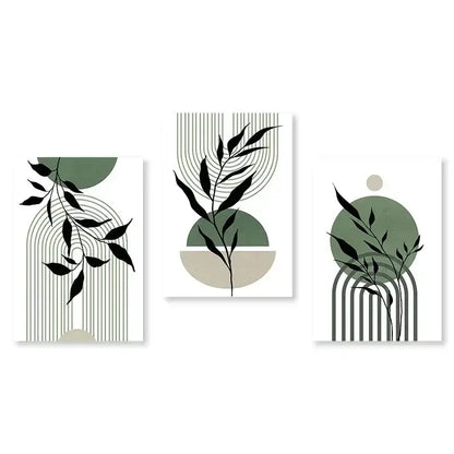 Set of three minimalist botanical art prints by DecorBites featuring abstract green plants with black leaf silhouettes