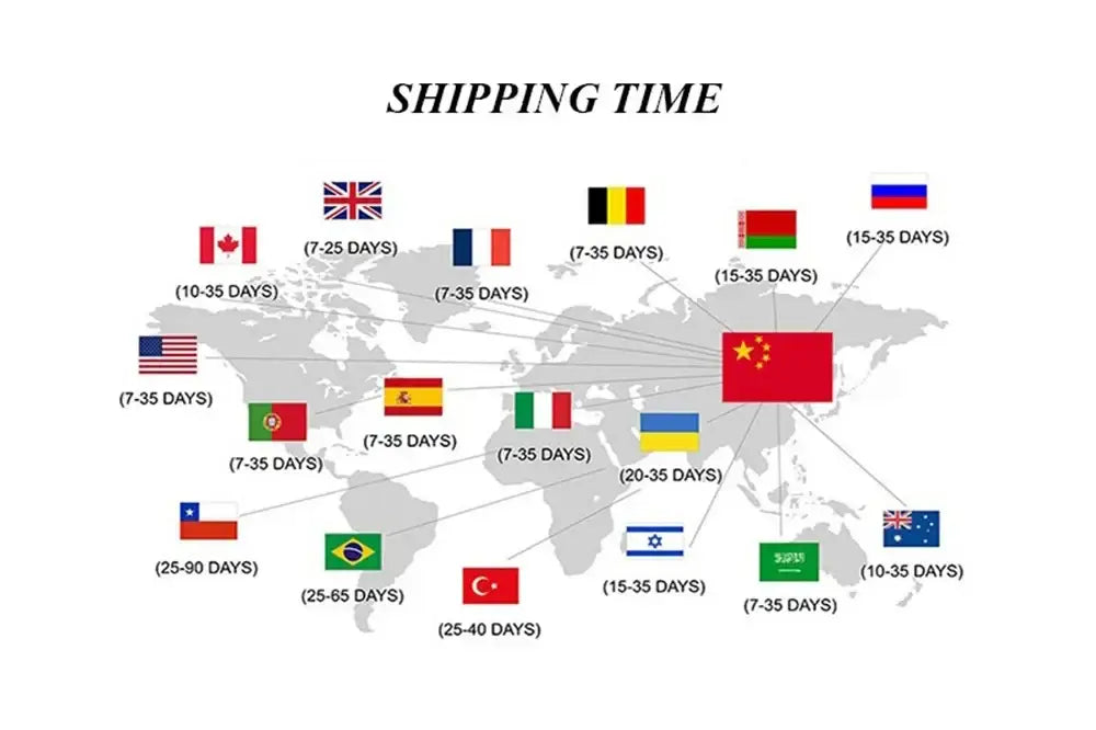 World map graphic showing shipping times for DecorBites™ abstract green plants wall art trio with flags and delivery estimates
