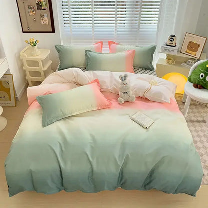 Pastel gradient duvet cover with soft mint to peach satin finish featuring decorbites cute pattern for bedroom use