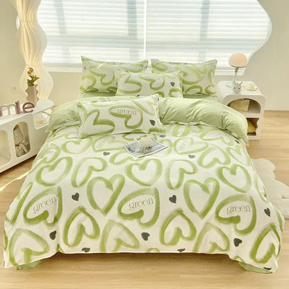 Abstract watercolor pastel green and yellow cute pattern duvet cover set with mint-green white heart decorbites cute pattern