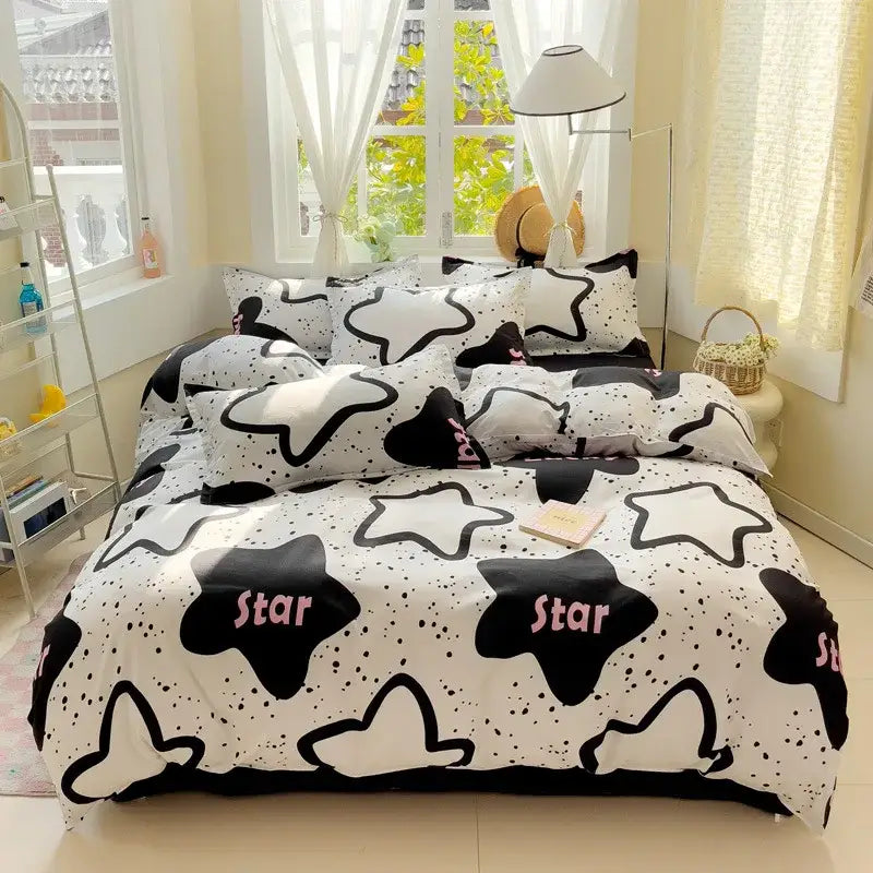 Black and white star patterned duvet cover with pink star text from decorbites cute pattern duvet bedroom set