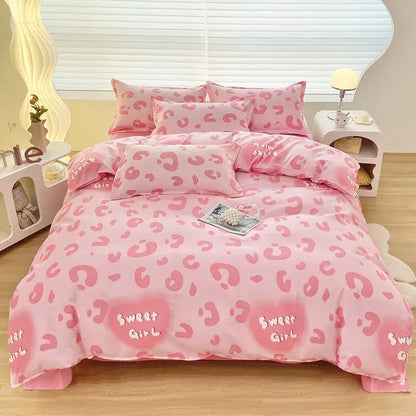 Pink sweet girl leopard print duvet cover set with soft satin fabric featuring decorbites cute pattern design
