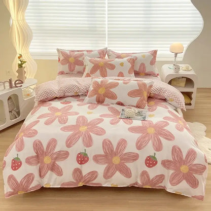 Pink floral and strawberry-patterned duvet cover set with soft cotton fabric featuring decorbites cute pattern design
