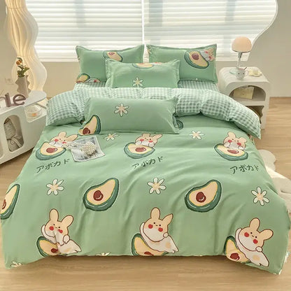 Mint green avocado and bunny-themed duvet cover with white floral accents featuring decorbites cute pattern design