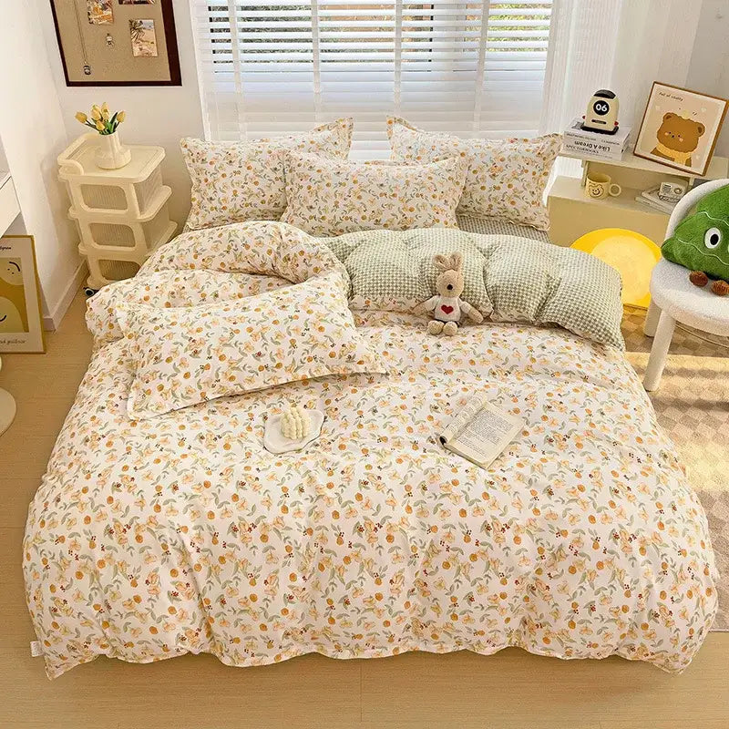 Cozy cream-colored duvet cover with a decorbites cute pattern in pastel green and yellow featuring textured waffle weave