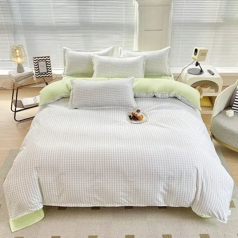A soft light green and white checkered duvet cover with subtle texture featuring decorbites cute pattern design